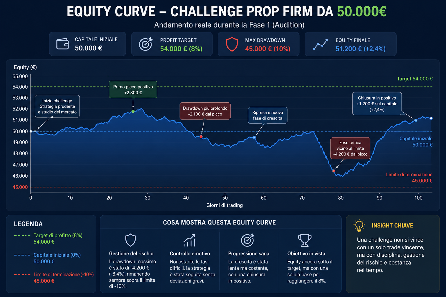 Infografica equity curve di una challenge prop firm da 50000 euro con target profit, max drawdown e andamento dell’equity durante la Fase 1.