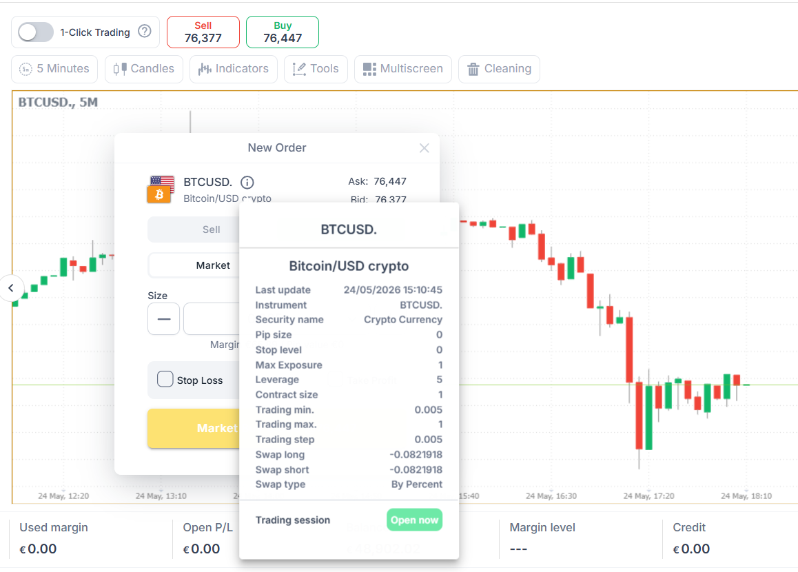 Pannello ordine BTCUSD su piattaforma InvestingChallenges con dettagli su swap e orari di trading.