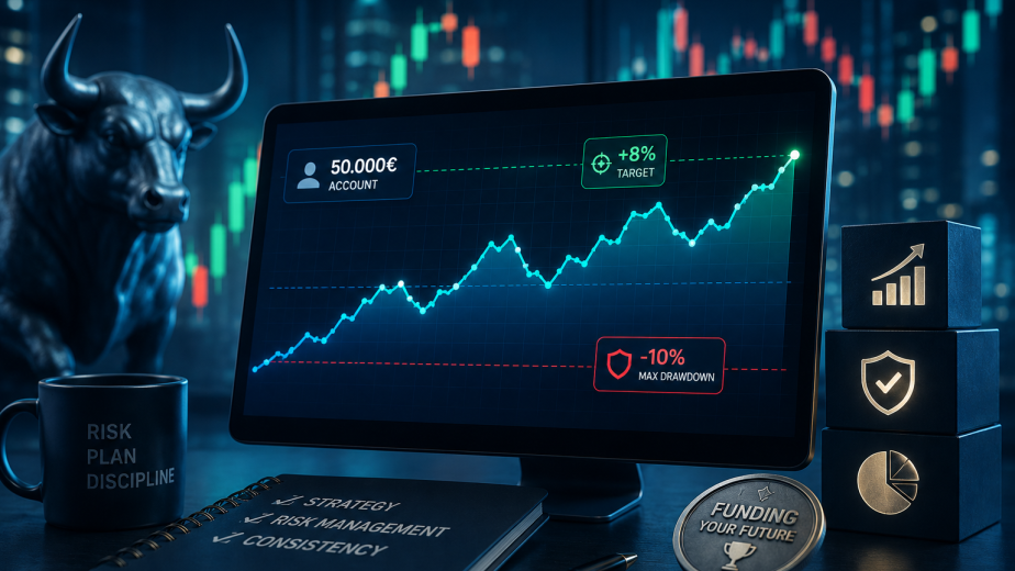 Featured image della guida Trading Prop Firm 2026 con equity curve challenge da 50000 euro, risk calculator e gestione del rischio.