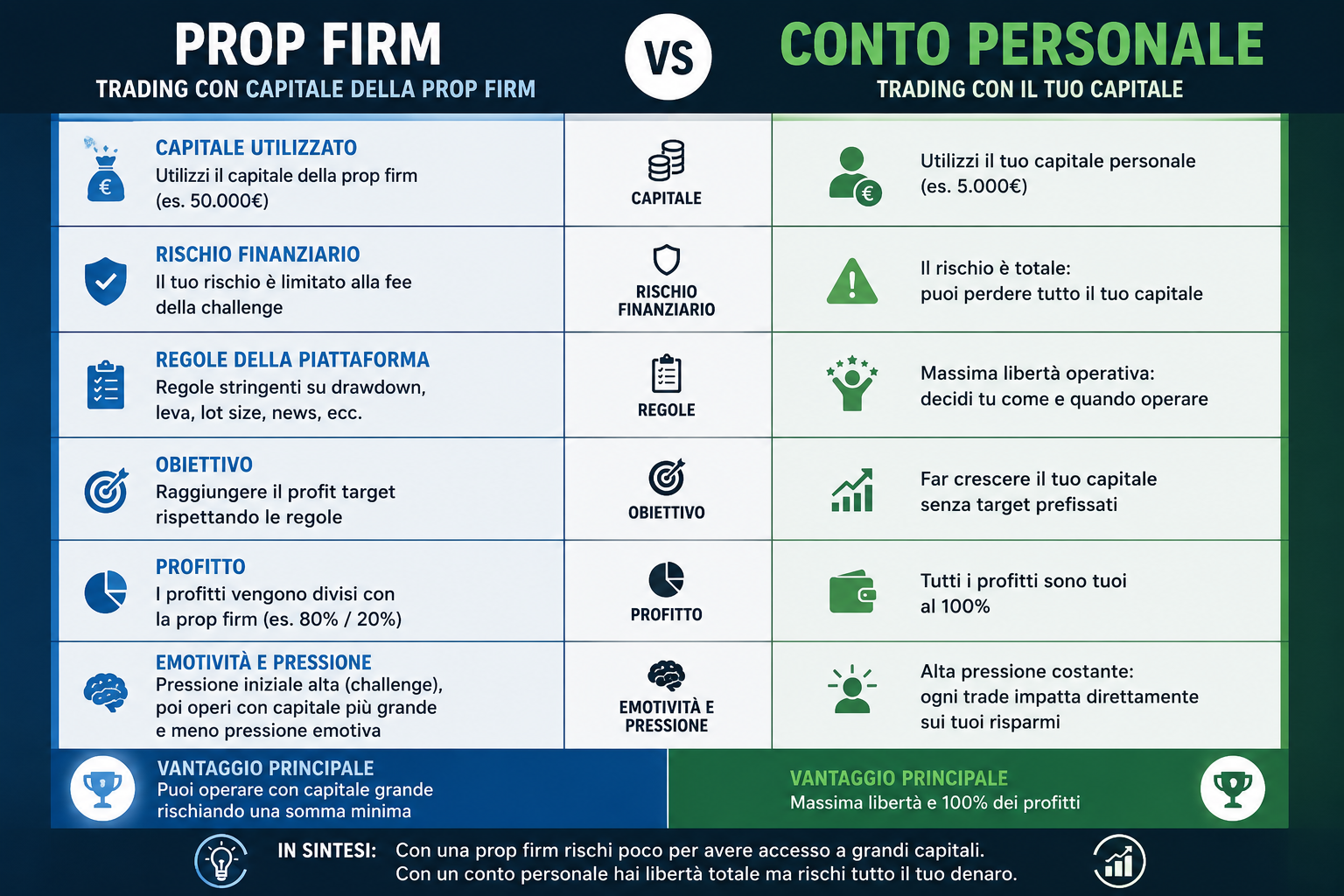 Infografica che confronta una trading prop firm con un conto personale mostrando differenze su capitale, drawdown, profitto, rischio e gestione emotiva nel trading.