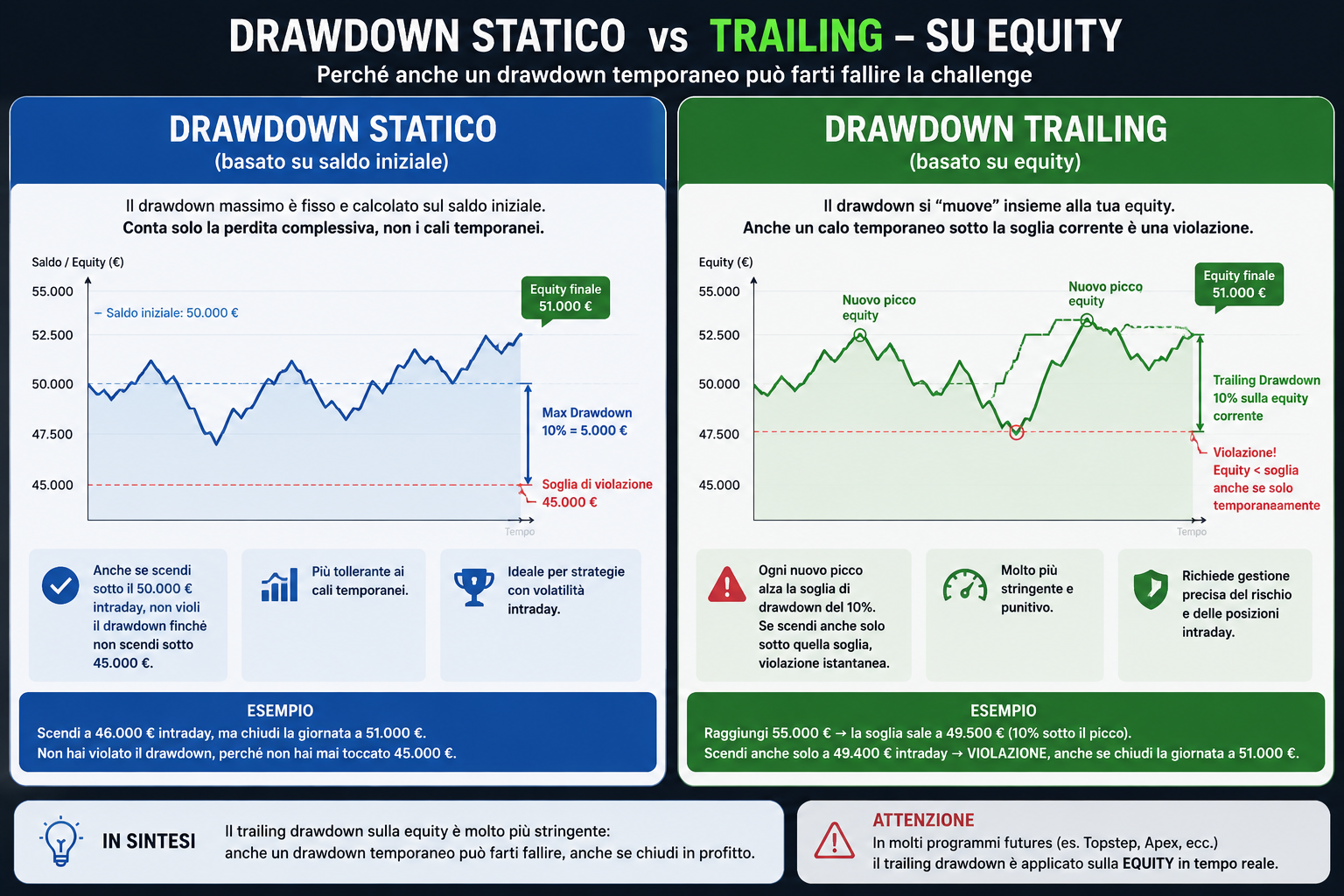 Infografica che confronta drawdown statico e trailing drawdown su equity nelle prop firm futures mostrando come un calo temporaneo intraday possa far fallire una challenge.