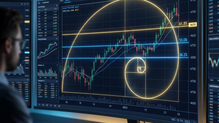 rafico trading con livelli di ritracciamento di Fibonacci e spirale aurea in stile moderno dark