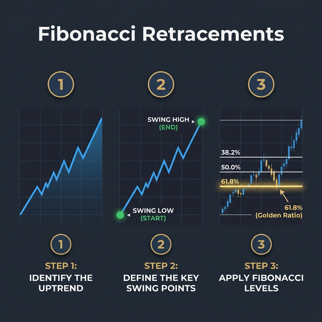 Infografica educativa in 3 passi su come tracciare correttamente i ritracciamenti di Fibonacci nel trading