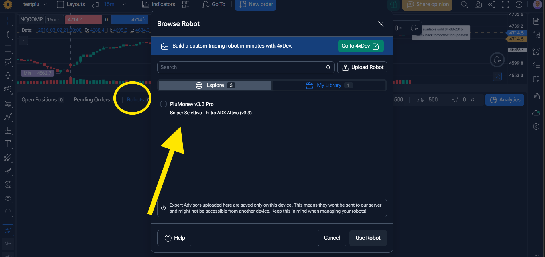 Forex Tester Online libreria robot con PiuMoney v3.3 Pro Sniper Selettivo caricato nella sezione My Library