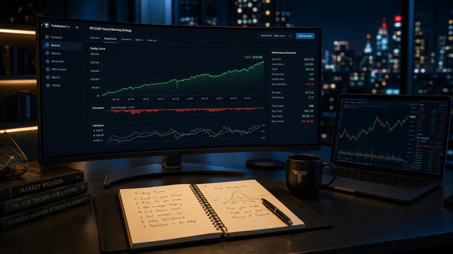 Trader professionista che analizza simulazioni di backtesting su schermi multipli