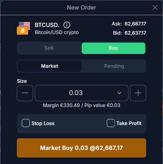 Schermata di calcolo della size in frazioni di moneta per BTCUSD su cTrader con indicazione del margine stimato