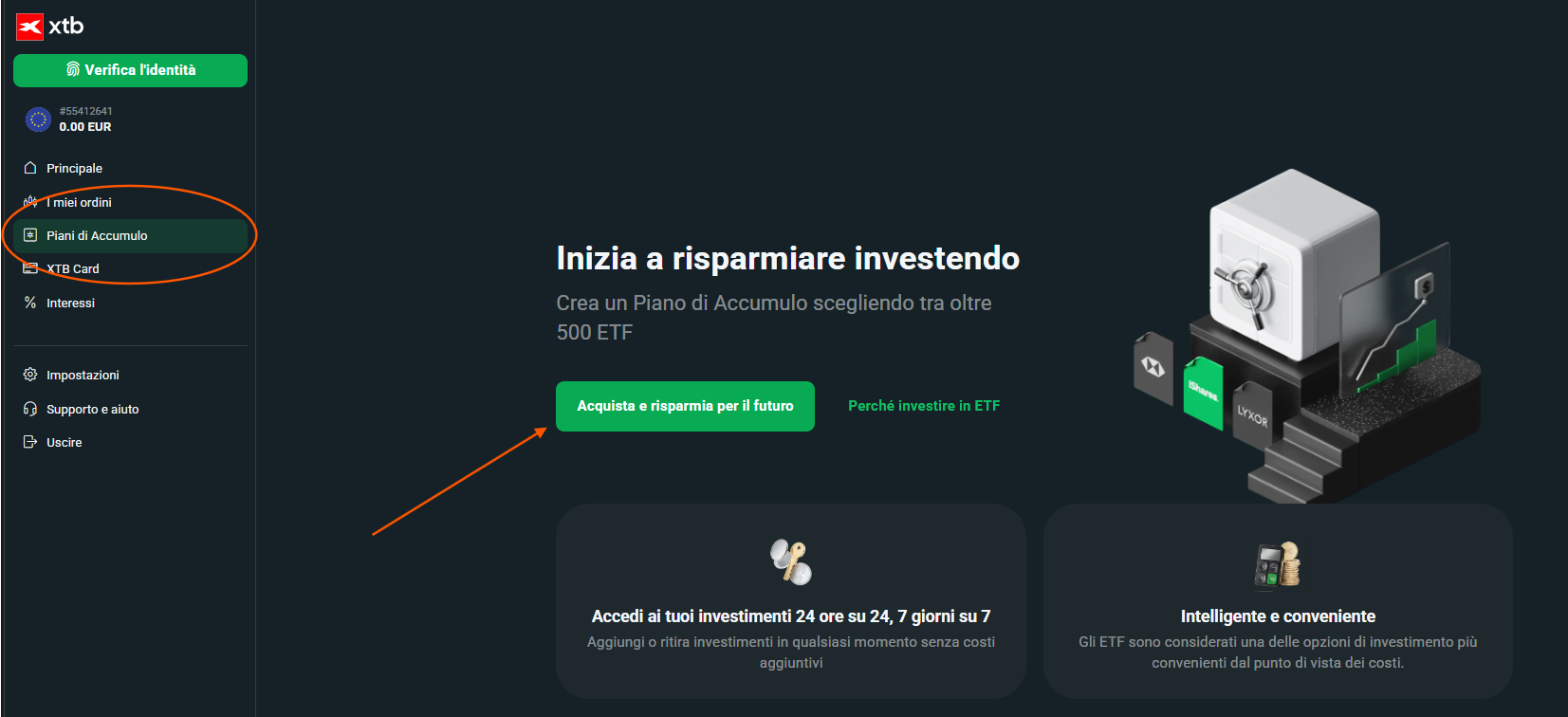 Piattaforma XTB: sezione dedicata alla creazione di un Piano di Accumulo (PAC) automatico sugli ETF.