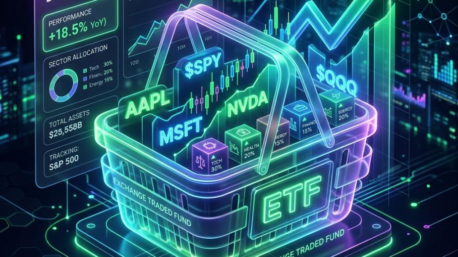 Rappresentazione grafica di un ETF (Exchange Traded Fund) come un cesto tecnologico contenente azioni e grafici finanziari in crescita.