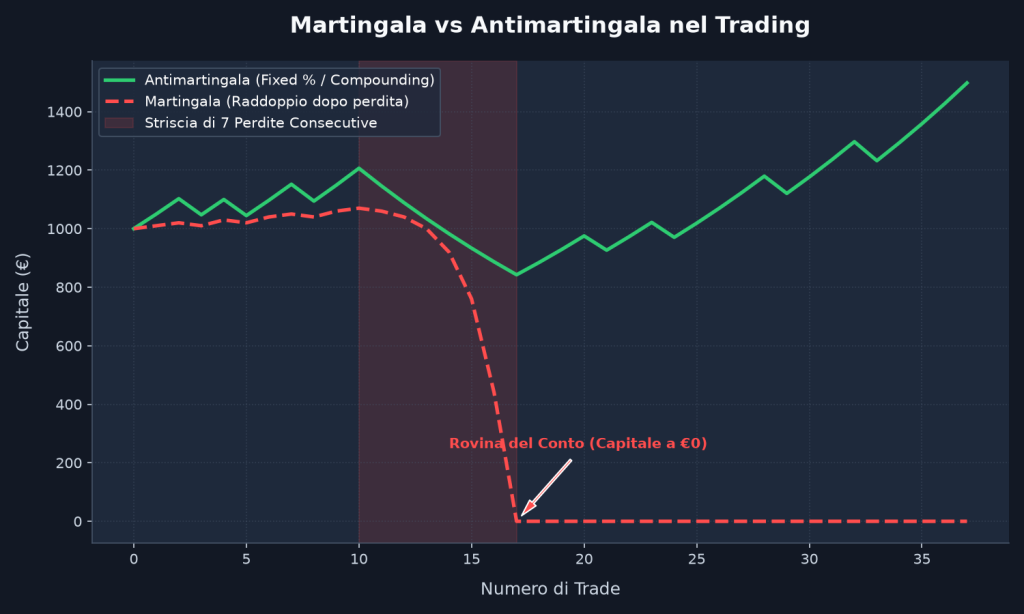 Grafico di confronto delle curve di equity tra strategia Martingala (rovina del conto) e Antimartingala (compounding e crescita controllata).