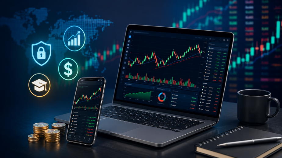 Featured image della guida PiuMoney sulle piattaforme di trading online con laptop, smartphone, grafici finanziari e confronto tra costi, sicurezza, strumenti e formazione