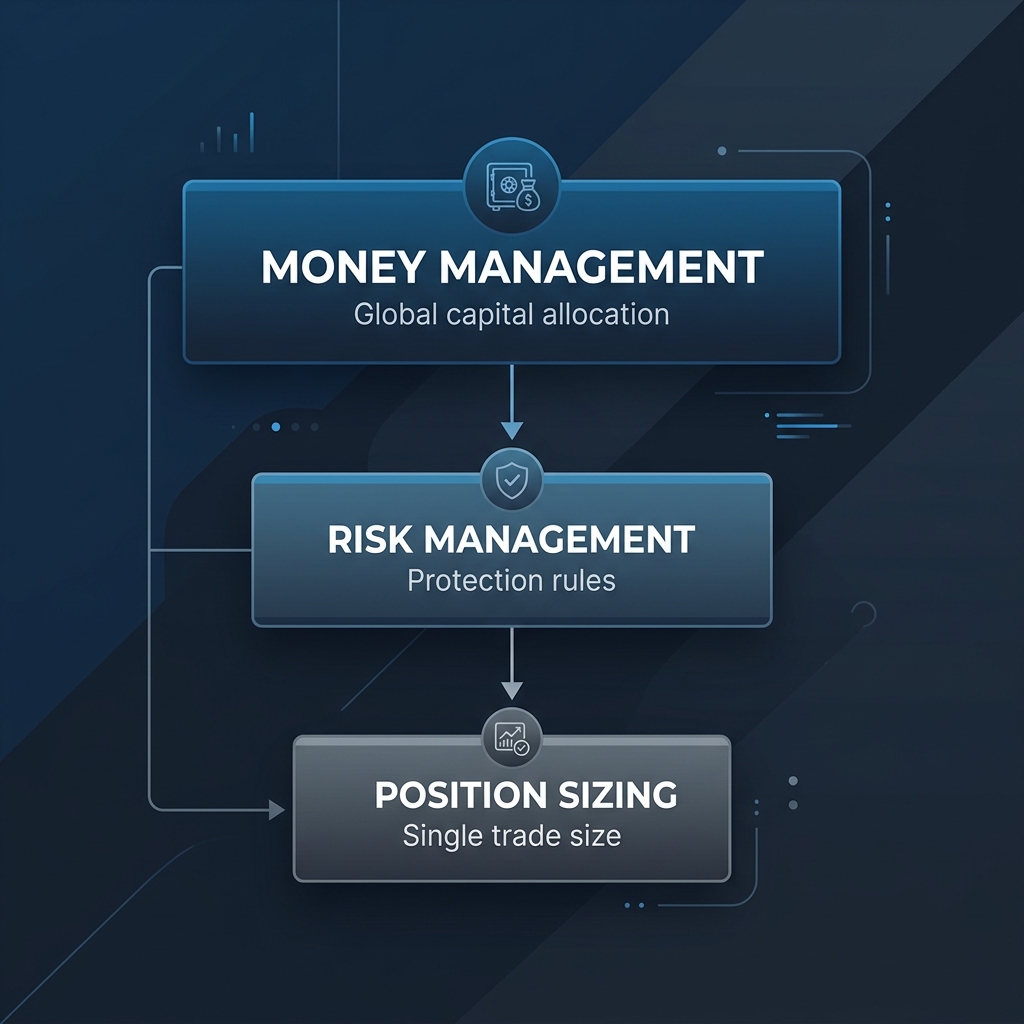 Gerarchia del rischio nel trading online: schema piramidale di Money Management, Risk Management e Position Sizing.