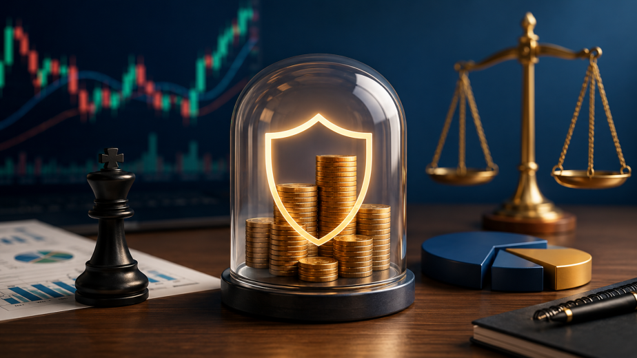 Rappresentazione del money management nel trading con protezione del capitale, gestione del rischio e pianificazione finanziaria