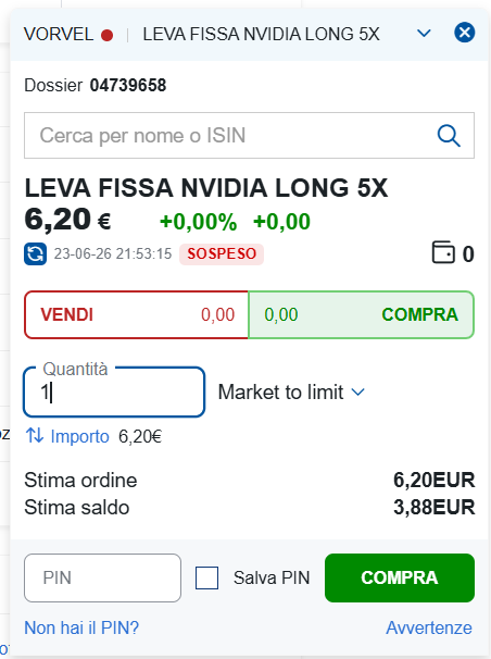 Schermata d'acquisto di un certificato a leva fissa 5x su NVIDIA su mercato regolamentato italiano con opzione quantità o importo