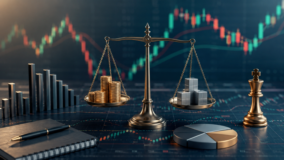 Bilancia finanziaria con monete, grafici di trading e strumenti di analisi che rappresentano il position sizing e la gestione del rischio nel trading