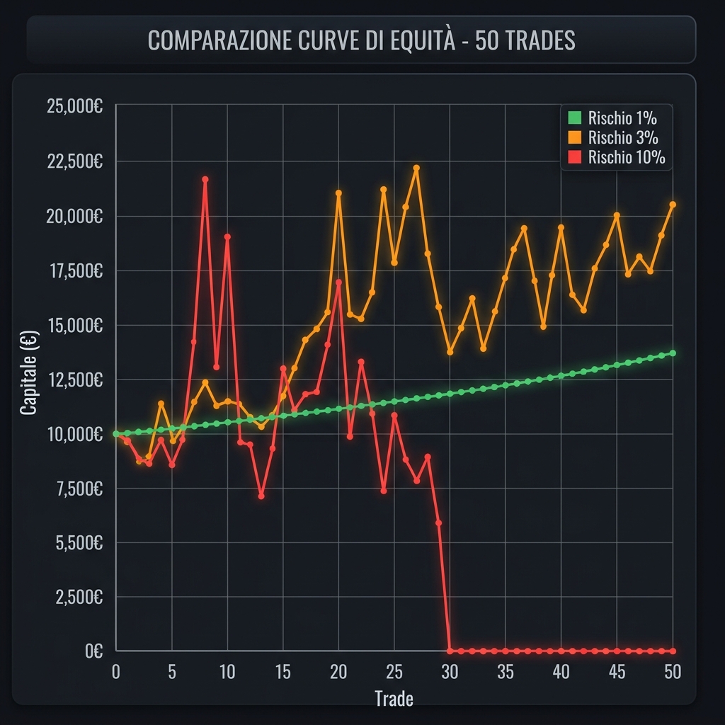 Confronto curve dei rendimenti (Equity Curve) con rischio a trade del 1%, 3% e 10% nel trading online.