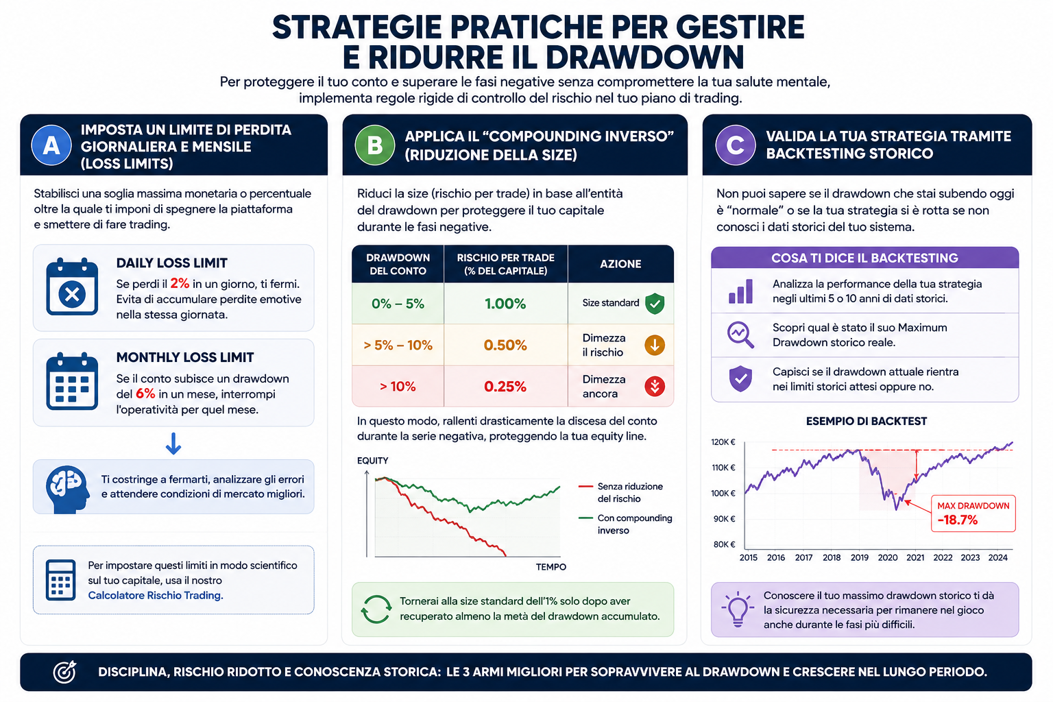 Infografica con strategie per ridurre il drawdown nel trading tramite loss limits, compounding inverso e backtesting storico