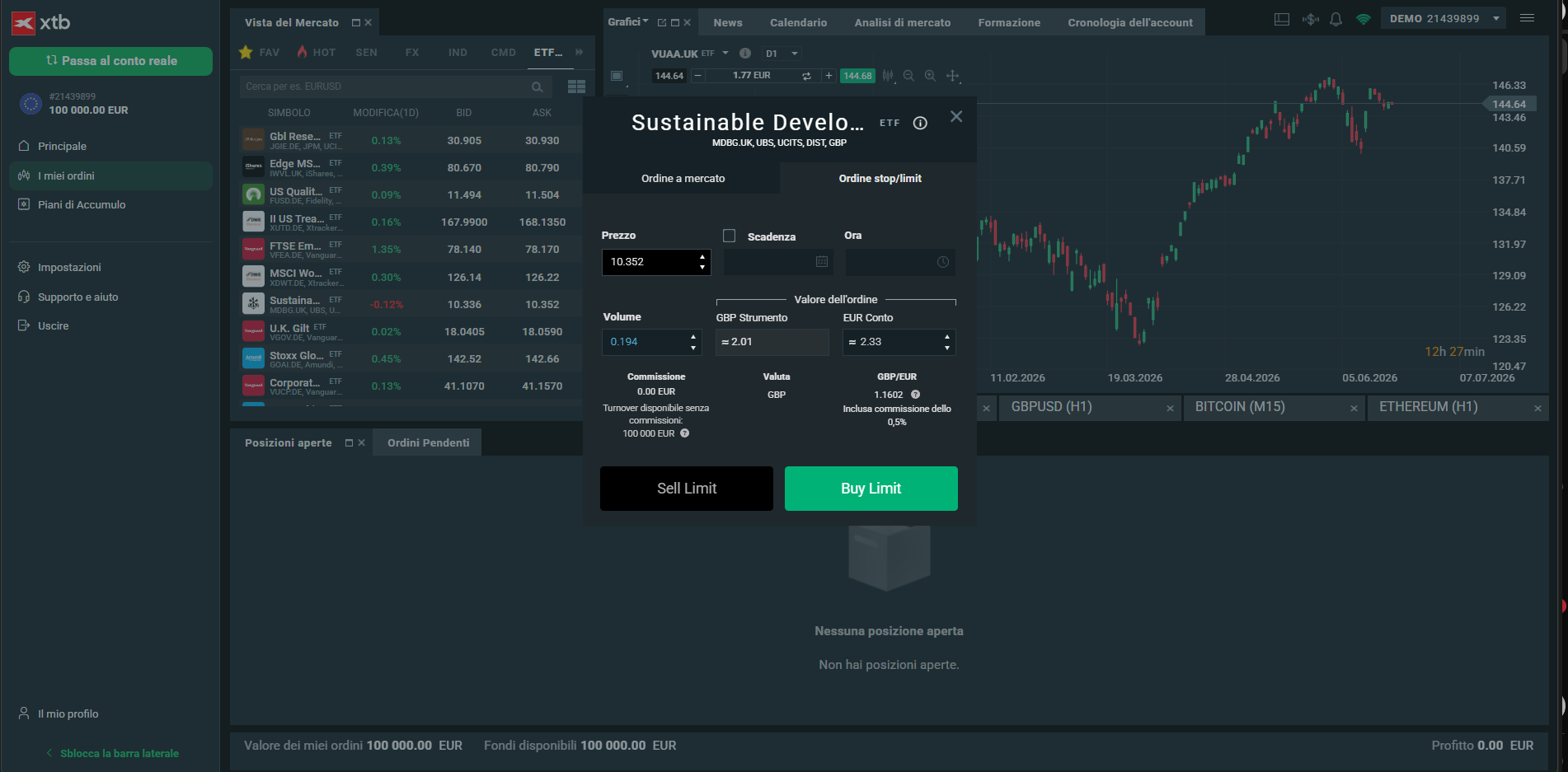 Piattaforma trading online XTB in modalità demo con grafico ETF, finestra di inserimento ordini e strumenti per investire online